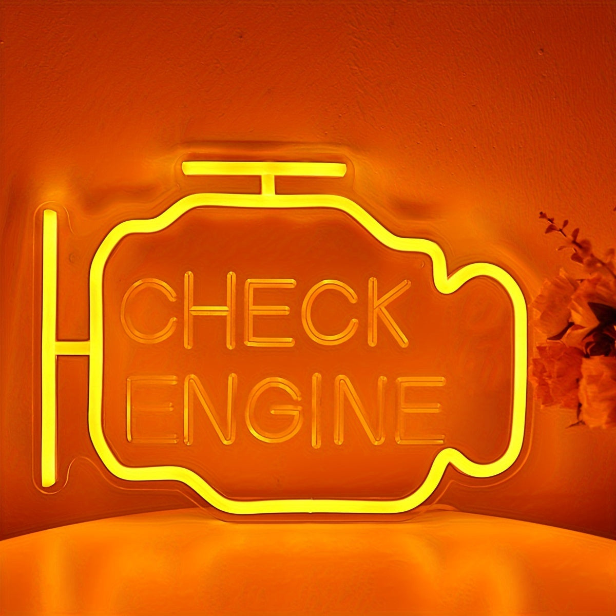 Luminous Repair, Vibrant Yellow 3D Curved 'CHECK ENGINE' LED Neon Sign - Perfect for Garage, Auto Repair Shop & Workshop Decor, USB Powered, Wall-Mounted, 11.42"x8.35