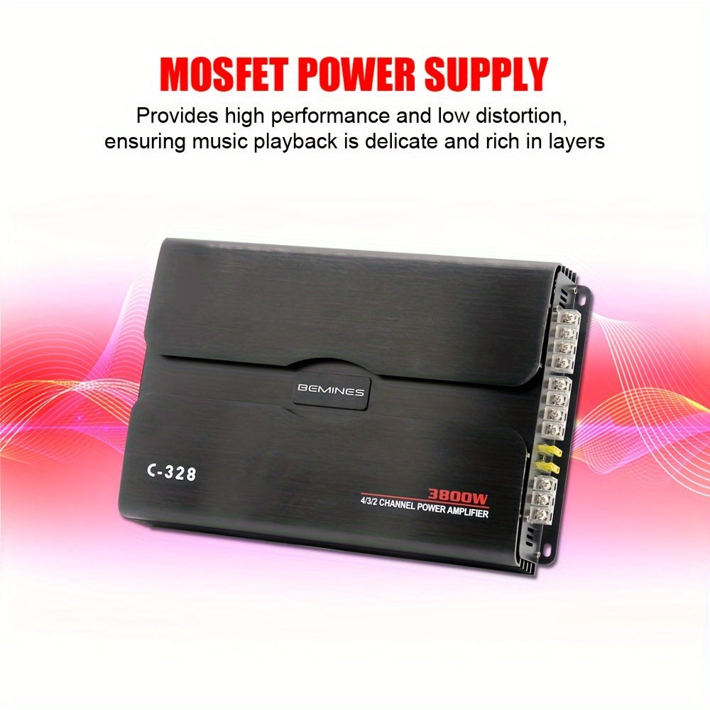 MAX.3800W 4-channel Class A/B Car Stereo Amplifier, RMS.4*80W High Output, 2/4 Ohm Stable, High/low Level Input, Bridgeable, Good Heat Dissipation, Improved Sound Quality, Suitable For Speakers And Subwoofers