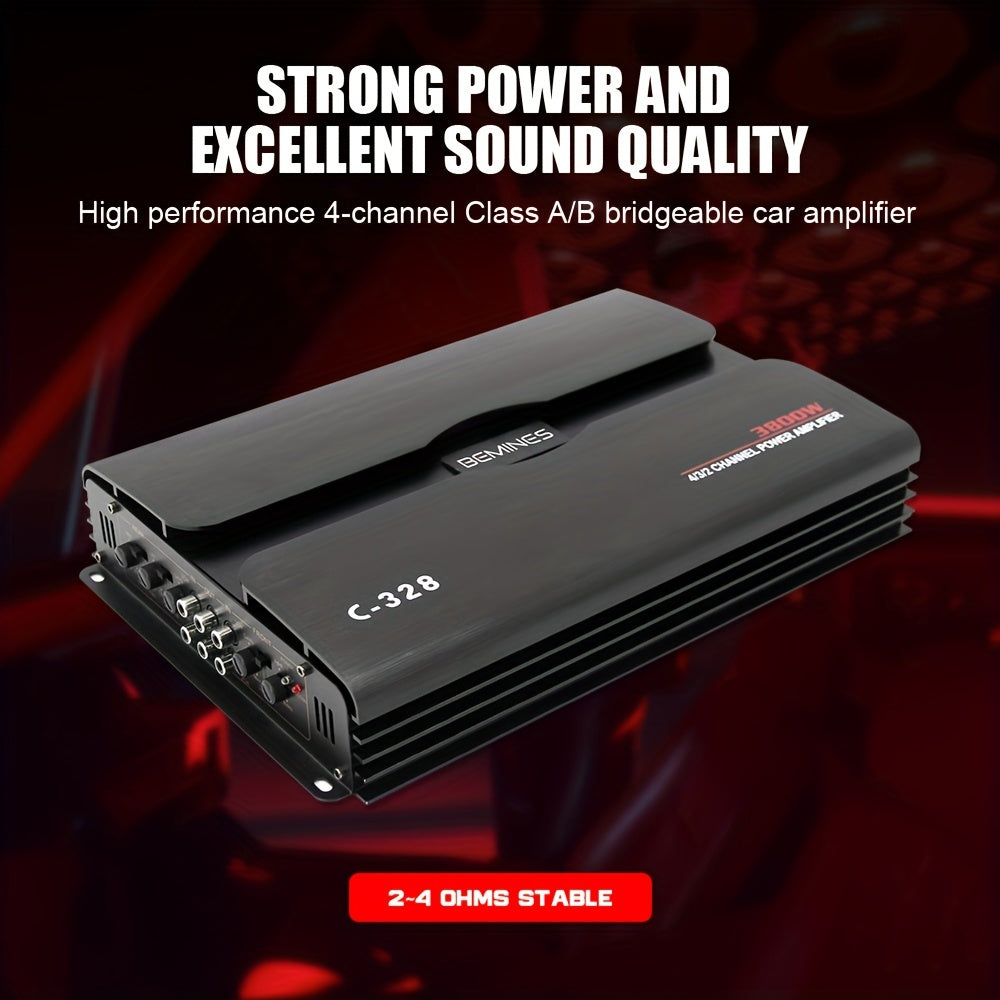 MAX.3800W 4-channel Class A/B Car Stereo Amplifier, RMS.4*80W High Output, 2/4 Ohm Stable, High/low Level Input, Bridgeable, Good Heat Dissipation, Improved Sound Quality, Suitable For Speakers And Subwoofers