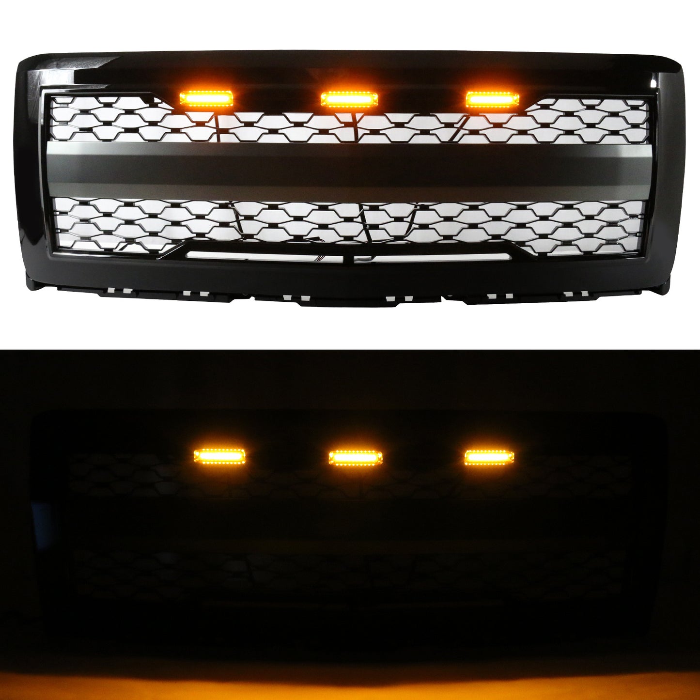 For Chevy For Silverado 1500 14-15 Front Bumper Hood Mesh Grille Guard with Amber Signal Light Gloss Black