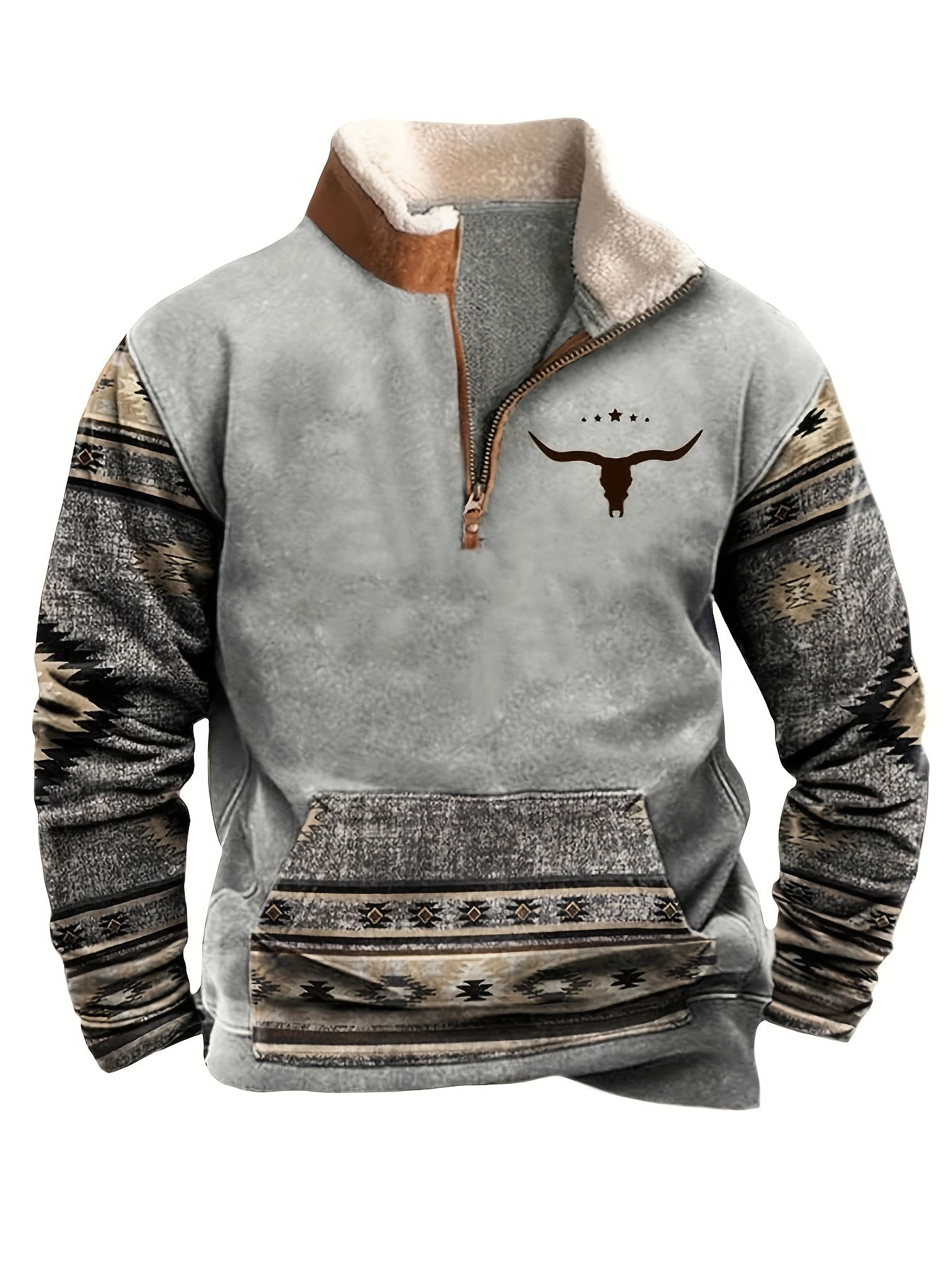Men's Vintage Print Casual Long Sleeve 1/4 Zip Cowboy Sweatshirt, Western Aztec Fleece Pullover Sweatshirt, Winter Fall