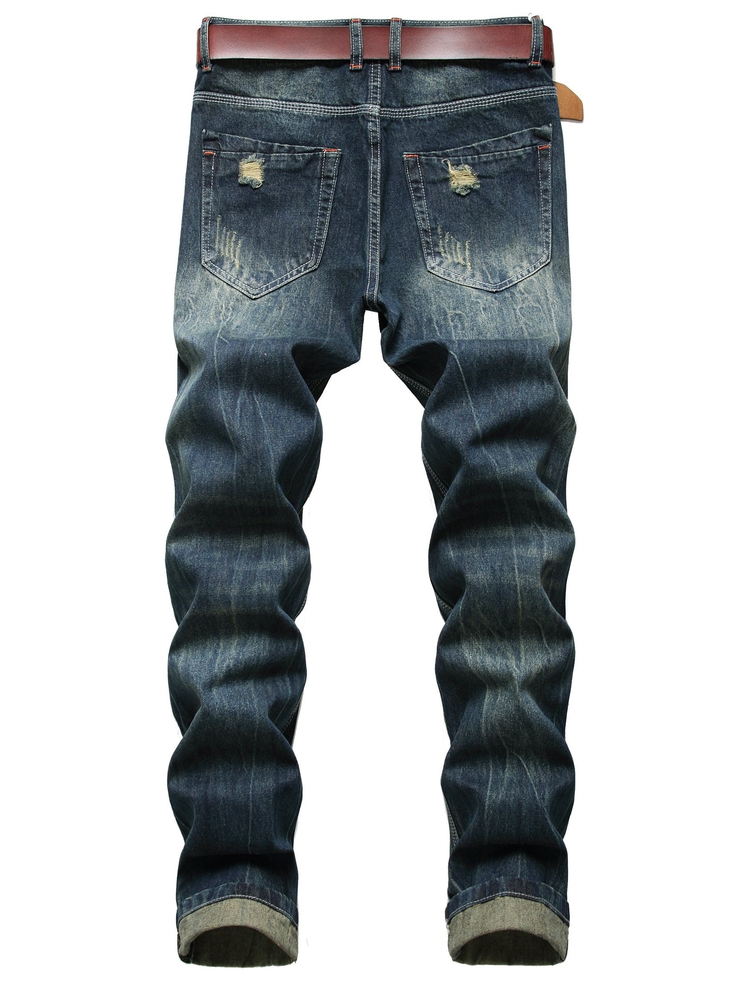 Men's dark blue ripped jeans without elastic slim casual