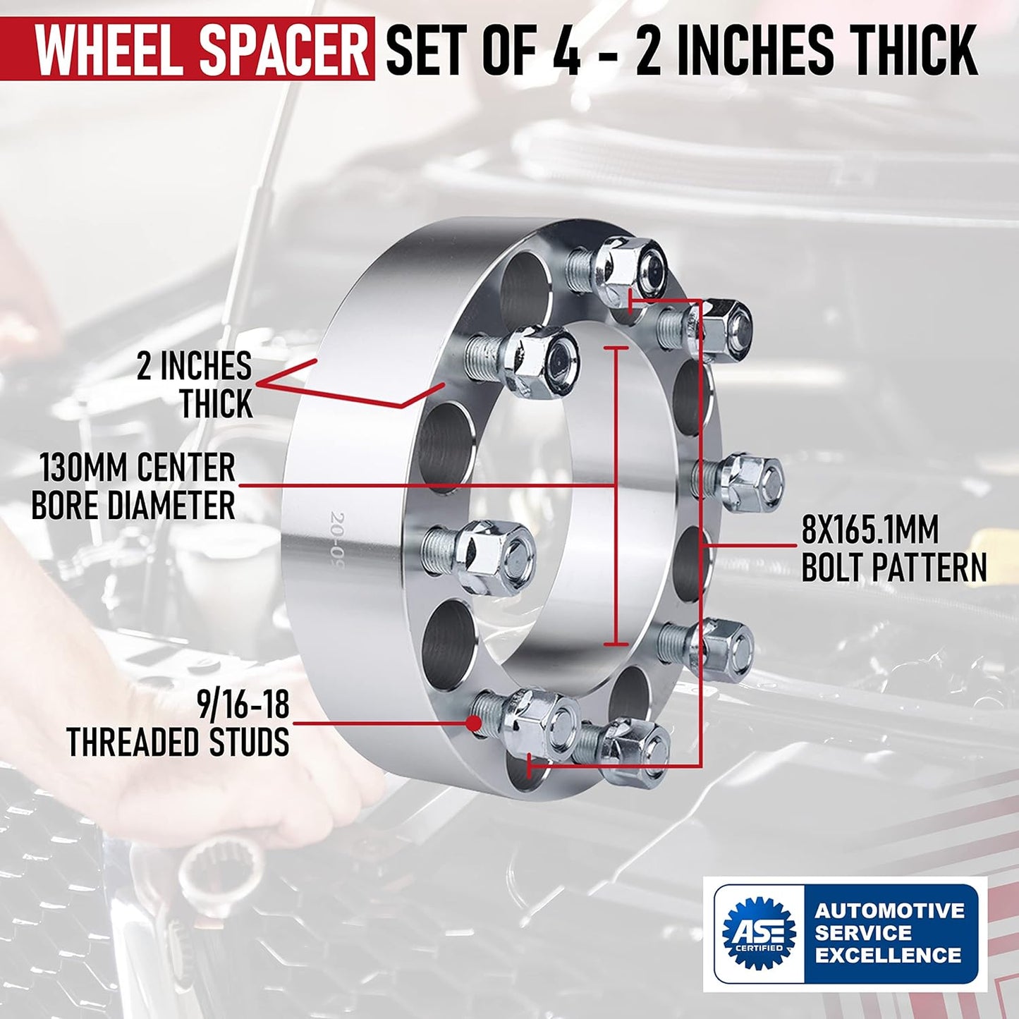 Wheel Spacer Set of 4-8X6.5 Bolt Pattern - 8X165.1Mm Lug Centric 130Mm Bore - 9/16-18 Studs 2 Inches Thick - Compatible with Dodge and Ford Trucks - 1994-2011 Ram 2500, Ram 3500, 88-98 F-250, F-350