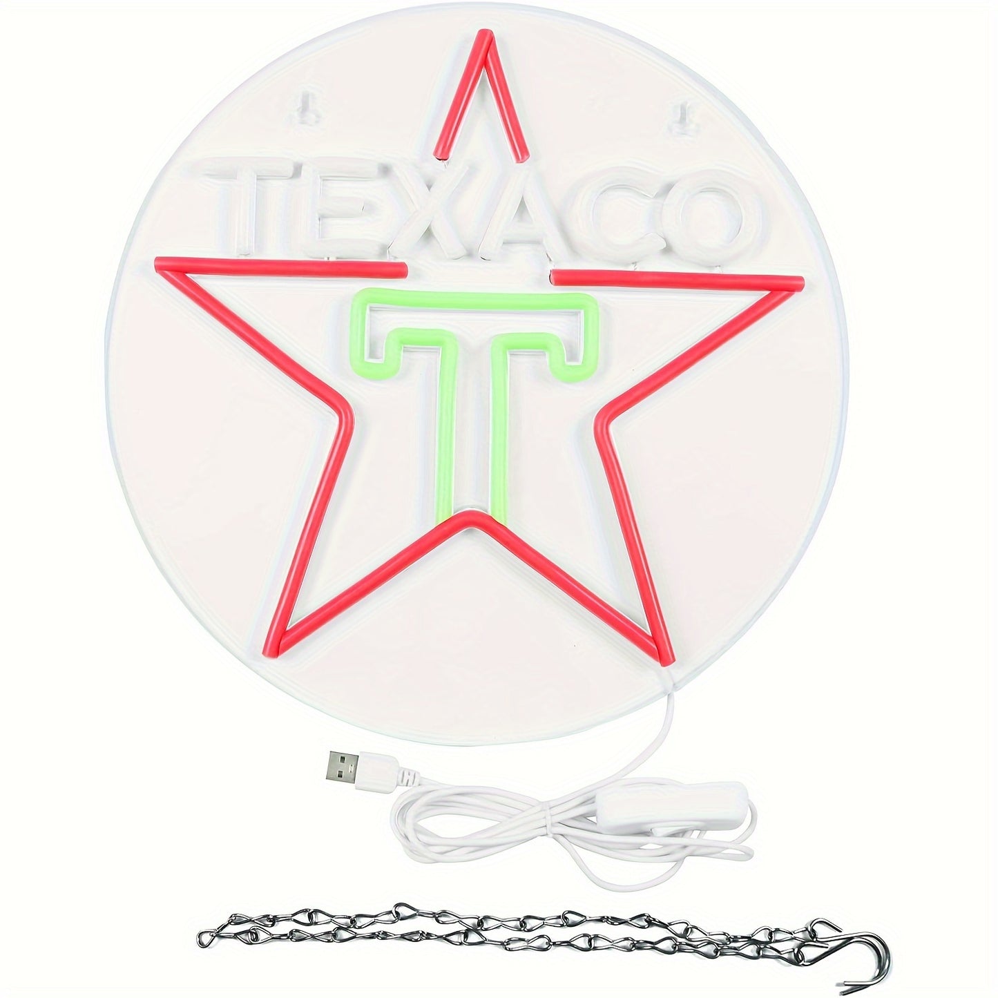 Texaco Star Neon Sign for Garage Decor, USB Powered LED Light Wall Hanging with Switch, Plastic Material, Ideal for Man Cave, Bar, Lubricant Shop, Gas Station Display - 12.2" Retro Illumination Decoration