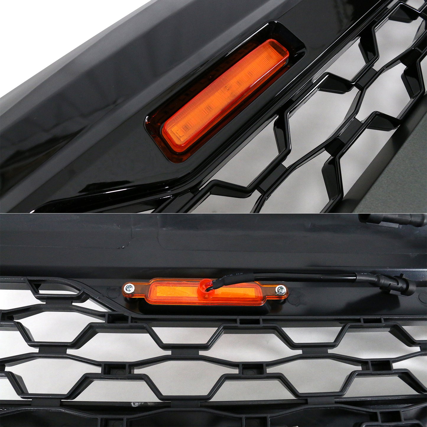 For Chevy For Silverado 1500 14-15 Front Bumper Hood Mesh Grille Guard with Amber Signal Light Gloss Black