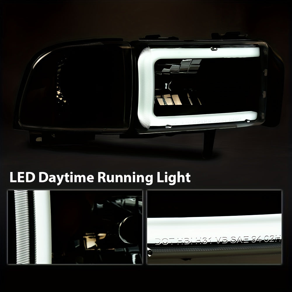 LED Light Strip Headlight W/o Bulbs Fit For Dodge For Ram 1500 1994-2001 For Dodge For Ram 2500 For 3500 1994-2002 Clear Lens Black Housing Clear Reflector