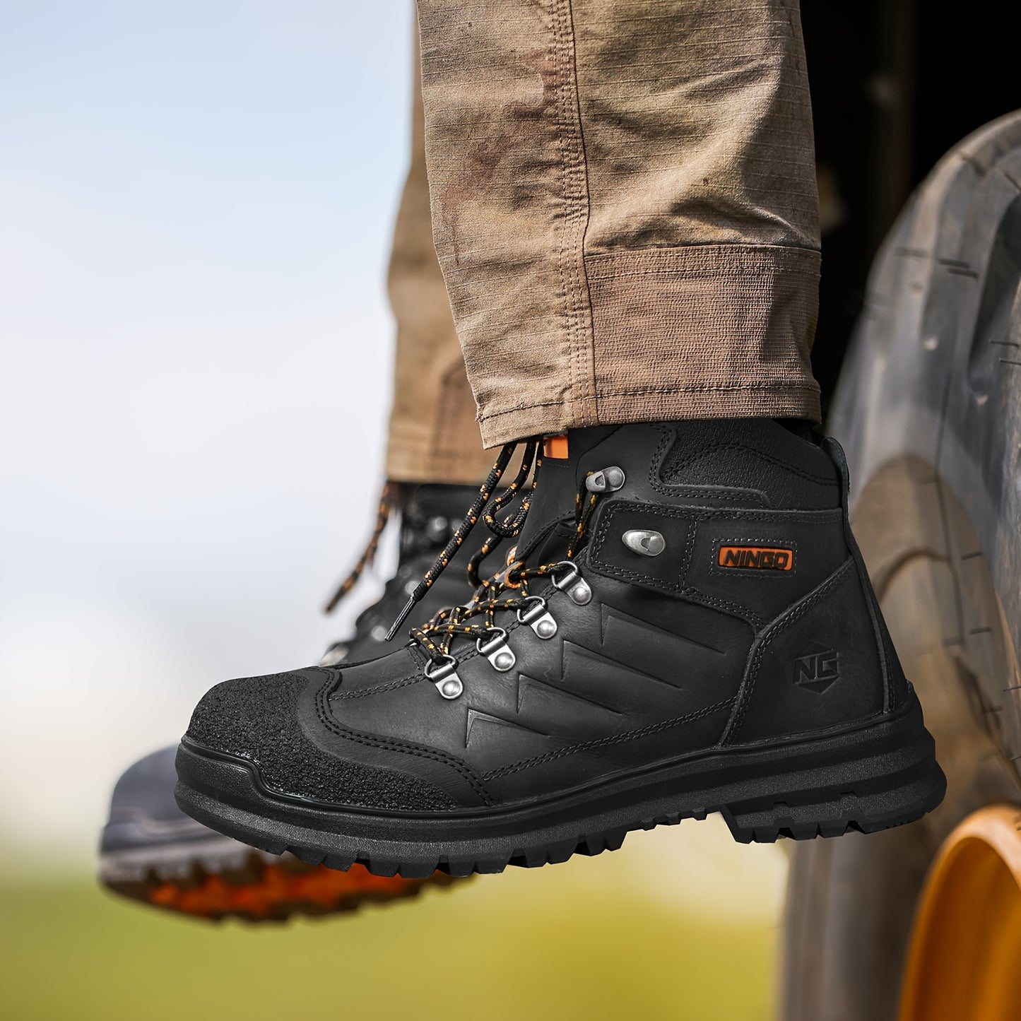 NINGO Men's Steel Toe Work Boots, Full Grain, Oil And Slip Resistant, Puncture Proof Construction Boots With Breathable Lining, Anti-static, Mens Safety Boots For Industrial, Warehouse