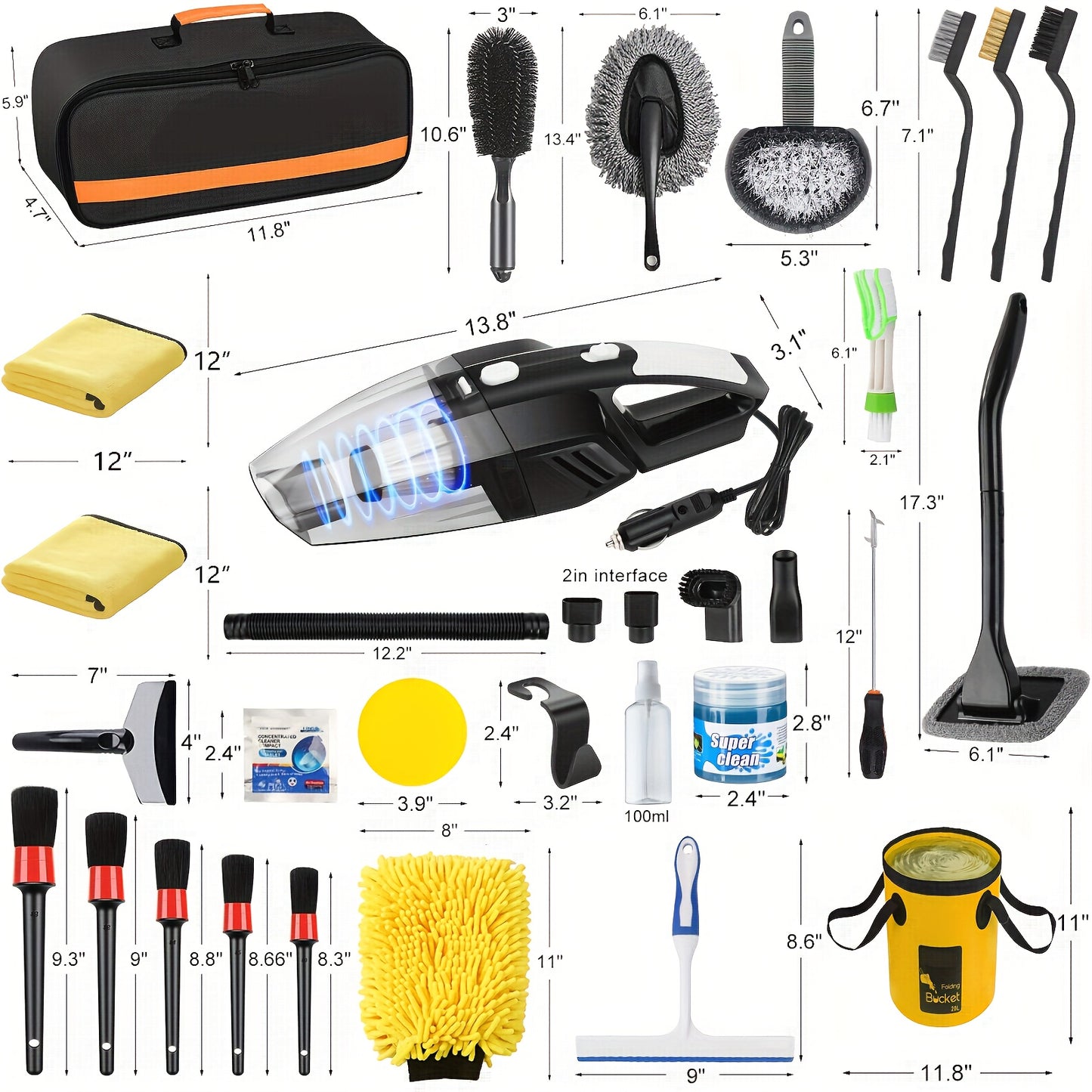 41pcs High Power Car Cleaning Kit: Complete Car Care Tools with Handheld Vacuum, Collapsible Bucket, Windshield Tool, Gel, Snow Shovel, Tire Brush, and More
