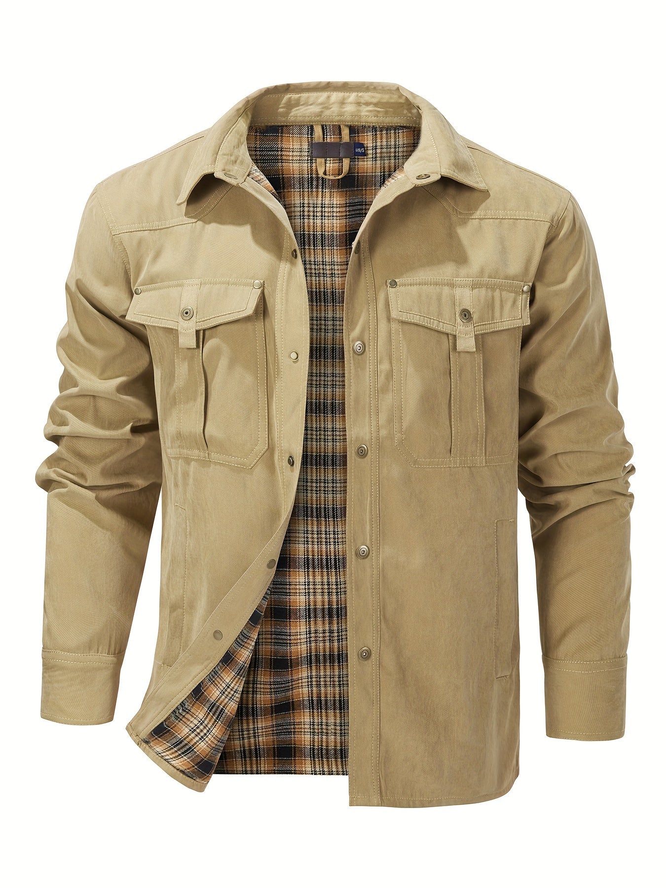 Stylish Men's Plaid Work Jacket - Classic Button Down Design, Flap Pockets, Windbreaker Style Outerwear for Spring and Fall Seasons, Mature Fashion Essential