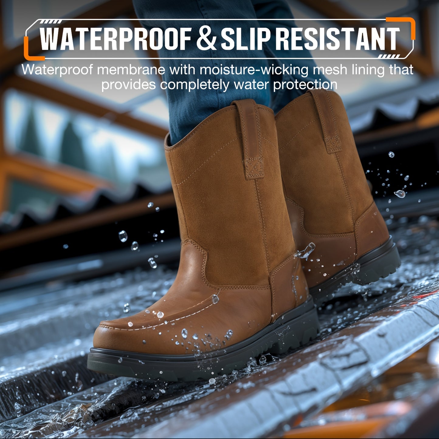 NINGO Steel Toe Work Boots For Men Women, Waterproof Wellington Boots With Full Grain Faux Leather, Oil & Slip Resistant, High Rebound TPU SR Outsole Safety Boots, Pull On Work Boots For Construction, Farming