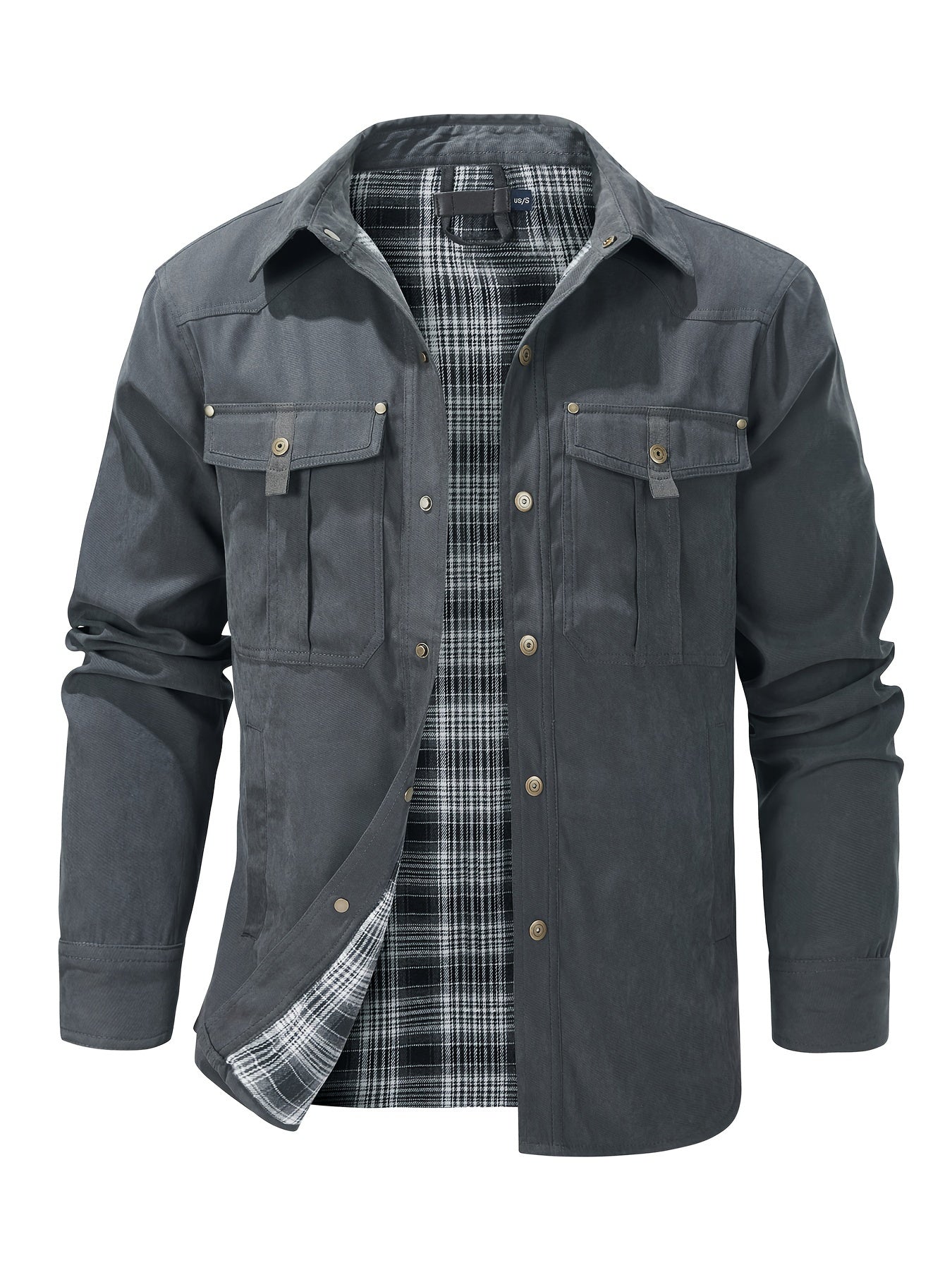 Stylish Men's Plaid Work Jacket - Classic Button Down Design, Flap Pockets, Windbreaker Style Outerwear for Spring and Fall Seasons, Mature Fashion Essential