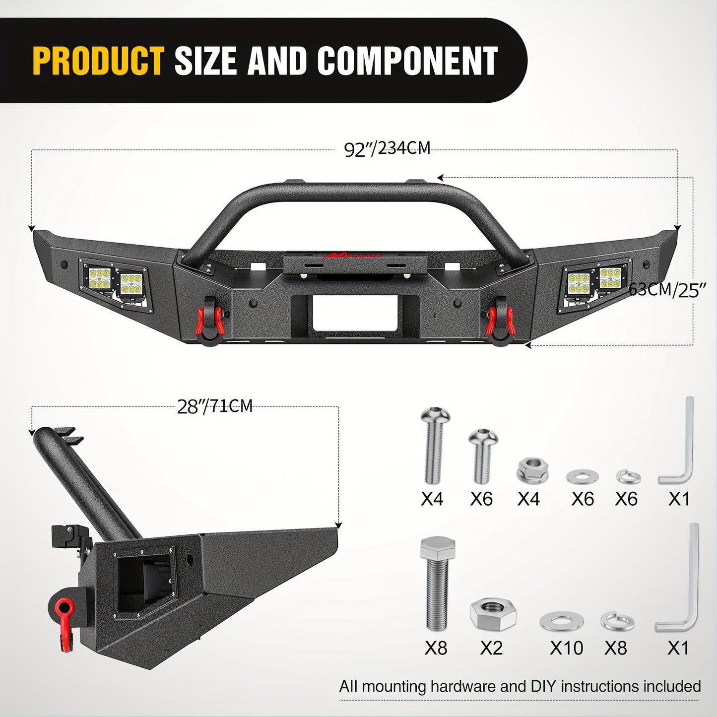 Nilight Front Bumper Compatible For 2021 2022 2023 2024 Ford Bronco With 4X18w Flush Mount LED Work Lights Winch Plate License Plate Bracket Sensor Hole
