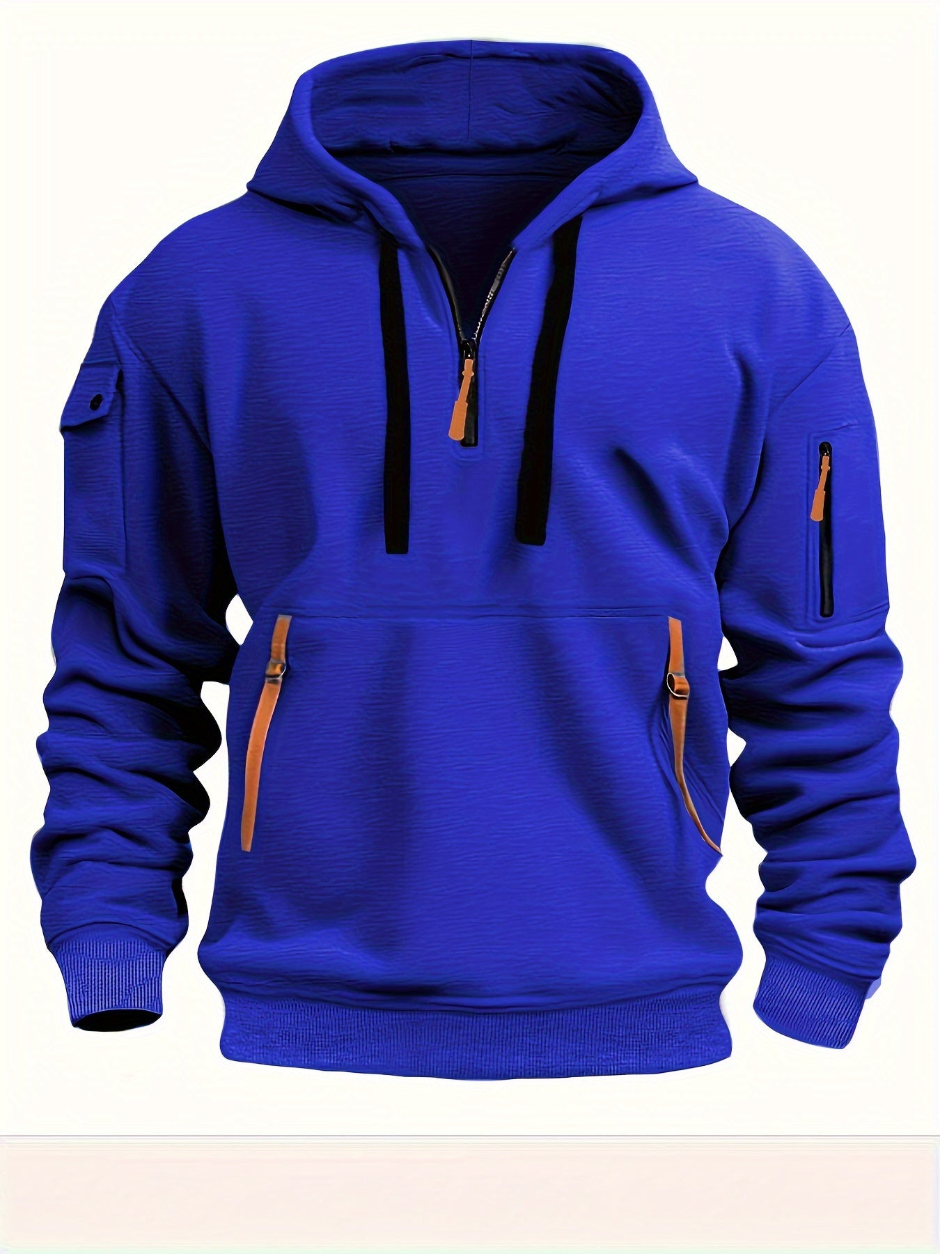 Men's Hooded Active Sweatshirt with Arm Pocket Zip Details - 100% Polyester Sports Style Pullover - Solid Color, Regular Fit Long Sleeve with Slight Stretch Knit Fabric