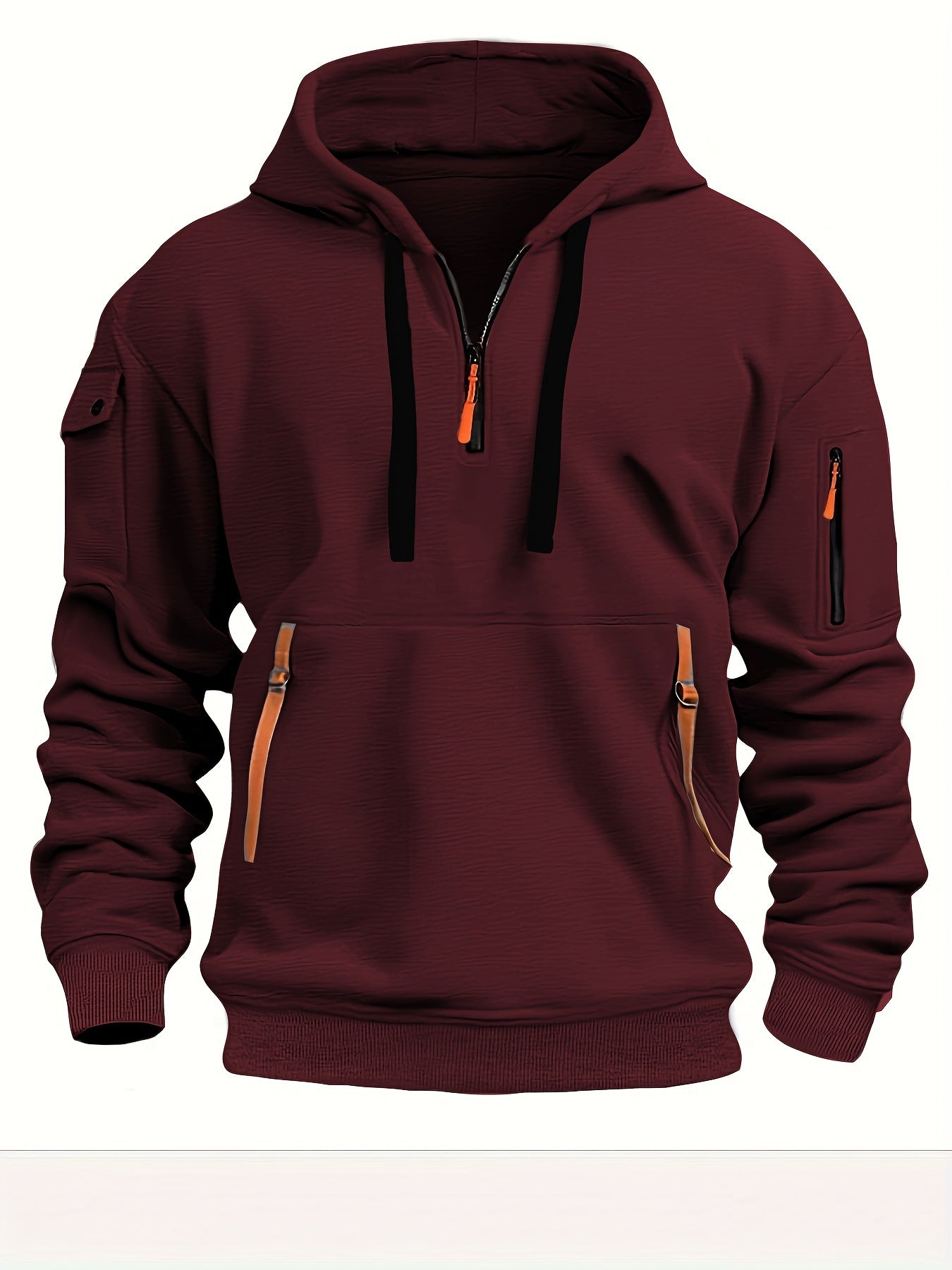 Men's Hooded Active Sweatshirt with Arm Pocket Zip Details - 100% Polyester Sports Style Pullover - Solid Color, Regular Fit Long Sleeve with Slight Stretch Knit Fabric