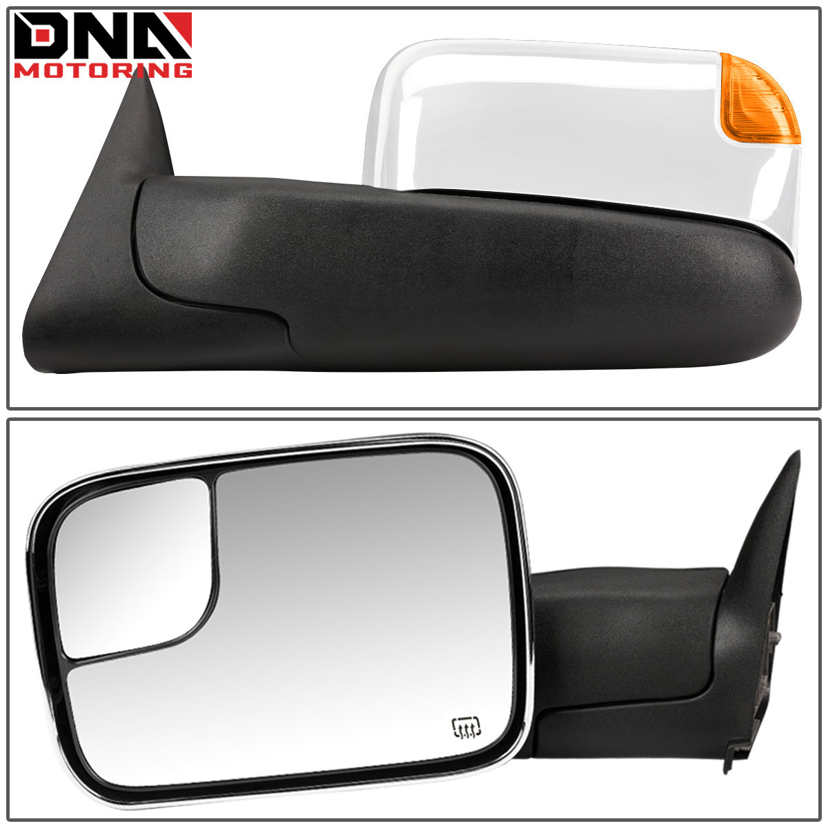 DNA MOTORING Pair Chrome Power Heated LED Turn Signal Side Towing Mirror Compatible with Dodge Ram BR/BE 98-02