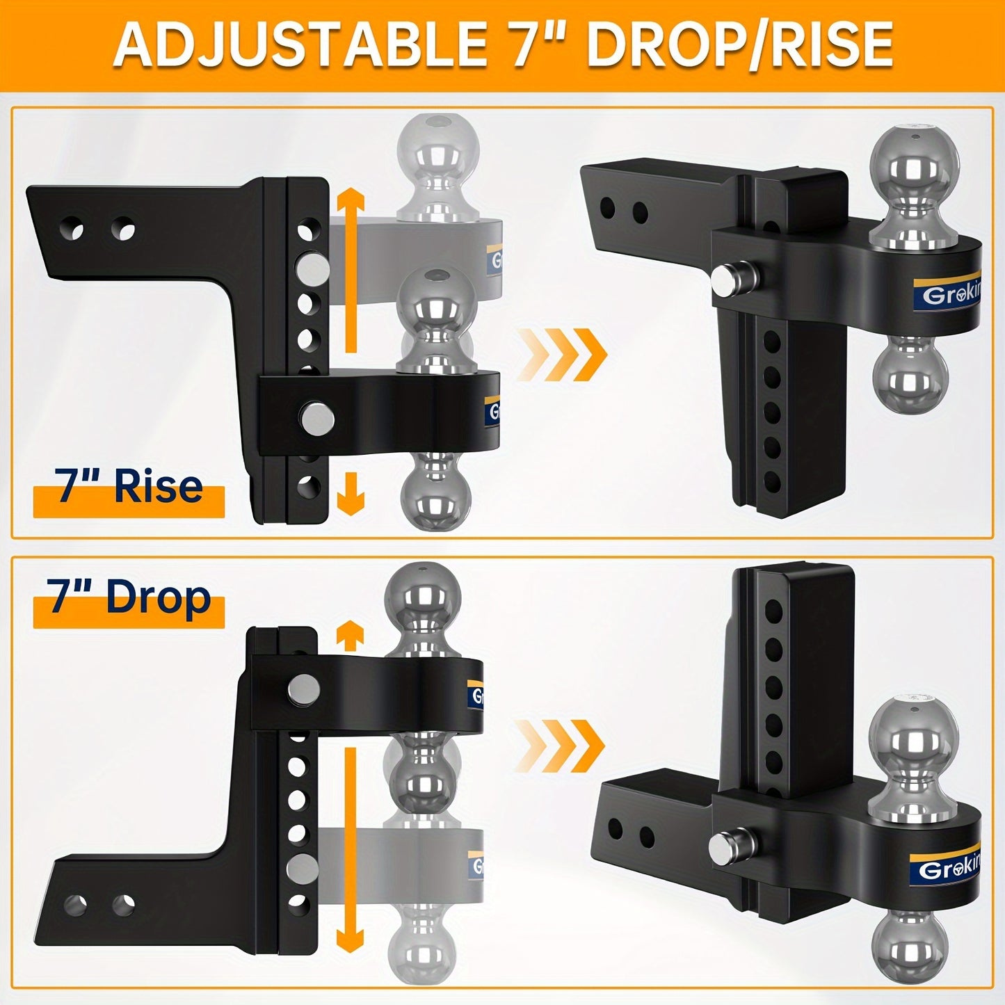 Adjustable Trailer Hitch Ball Mount, Fits 2.5" Receiver, 7 Inch Drop Hitch, 18,500 LBS, 2 Inch & 2-5/16 Inch Steel Dual Ball Hitch, Black Forged Solid Aluminum Hitch with Dual Hitch Pin Lock