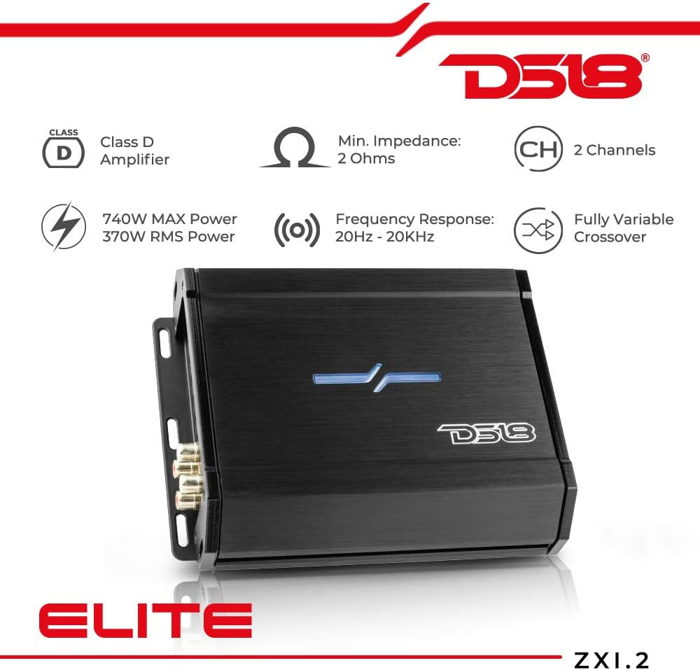 ZXI.2 Car Audio Amplifier - Class D, Full Range, 2 Channel, 370 Watts Max. Adjustable Crossover - Compact Size for Easy Installation on Many Applications
