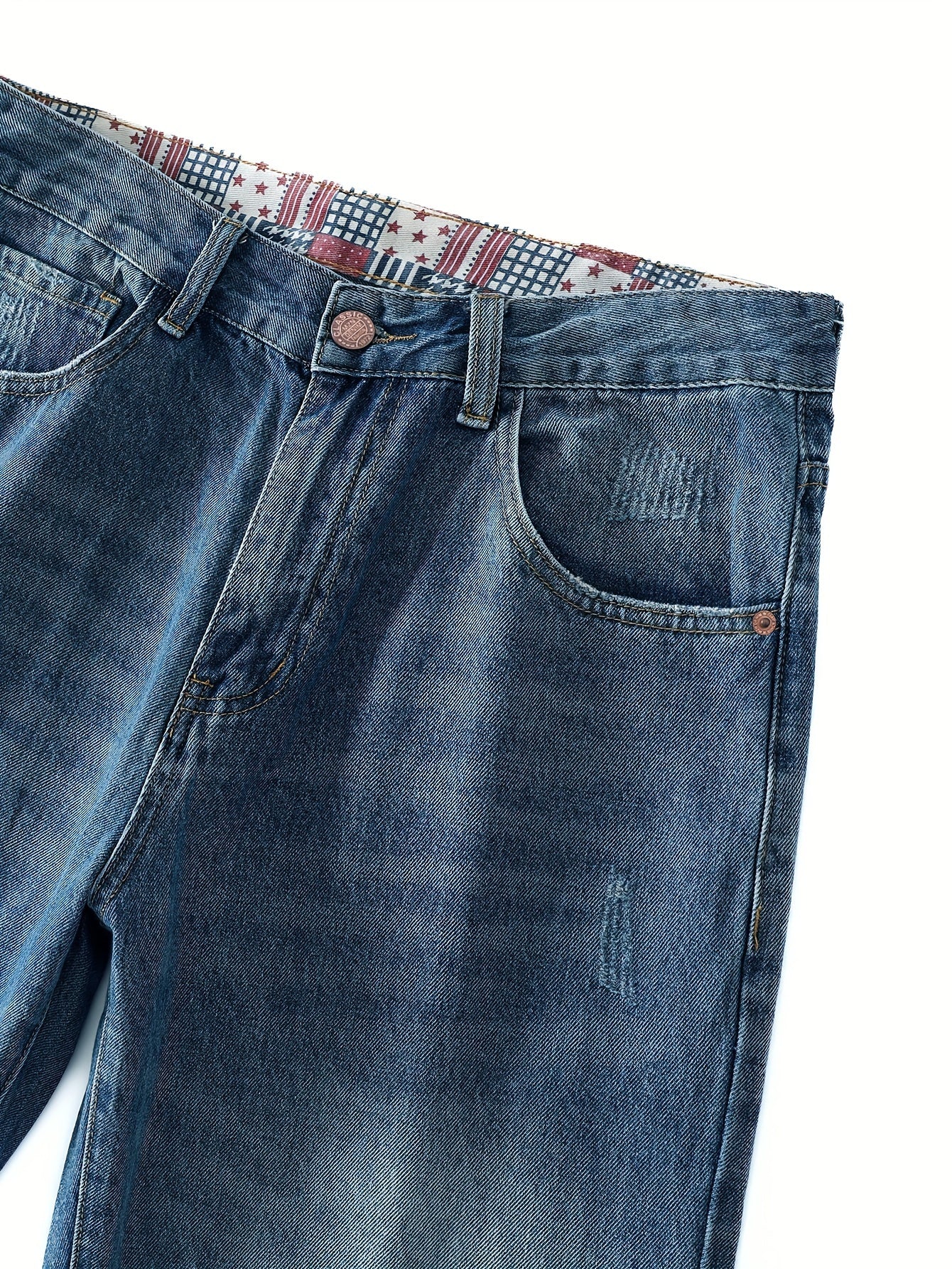 Men's Non-Stretch Ripped Regular Fit Straight-Leg Denim Pants Jeans