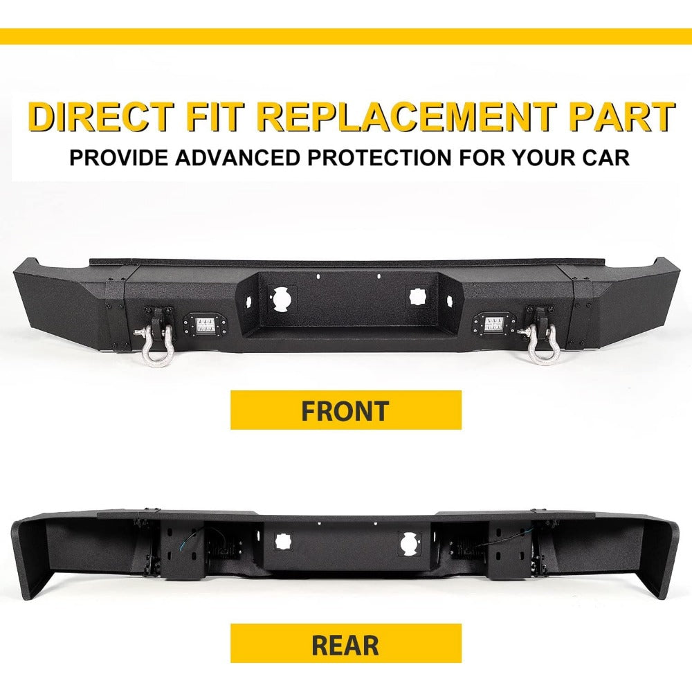 Rear Bumper Compatible with 2007-2013 Chevy Chevrolet S Series GMC Sierra 1500 W2 LED Lights D-rings Powder Coated Steel Black