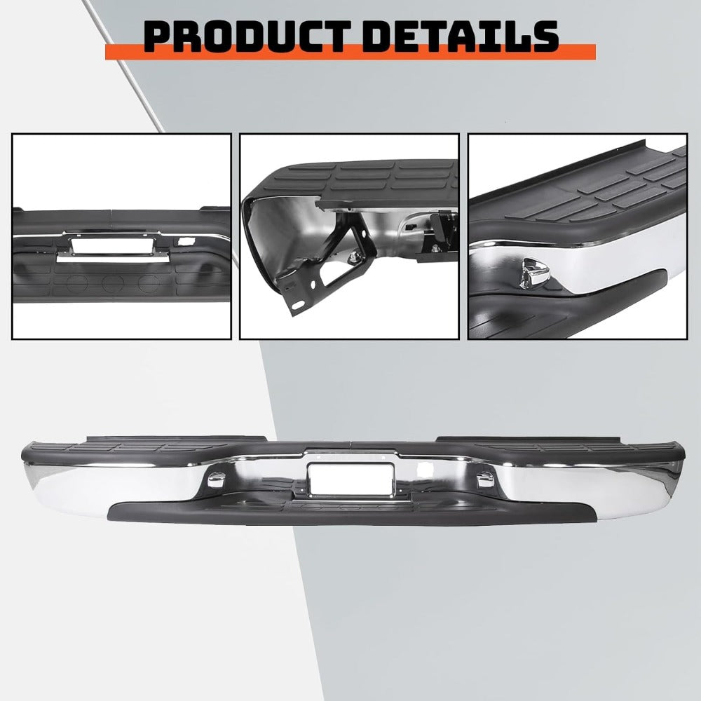 Rear Step Bumper Bar Chrome Compatible with 1999-2006 Chevy Chevrolet Silverado GMC Sierra 1500 WPad & License Plate Lights Replacement for GM1103122 12496085 FLEET SIDE BED ONLY
