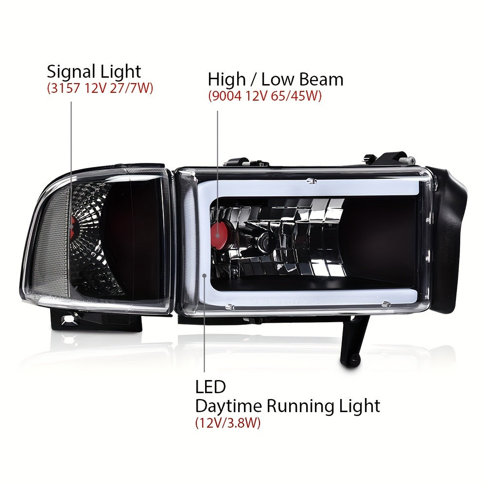 LED Light Strip Headlight W/o Bulbs Fit For Dodge For Ram 1500 1994-2001 For Dodge For Ram 2500 For 3500 1994-2002 Clear Lens Black Housing Clear Reflector