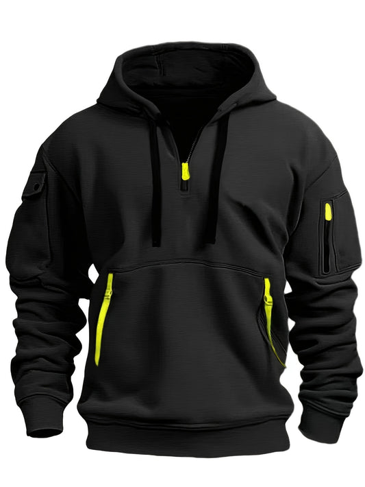 Men's Hooded Active Sweatshirt with Arm Pocket Zip Details - 100% Polyester Sports Style Pullover - Solid Color, Regular Fit Long Sleeve with Slight Stretch Knit Fabric