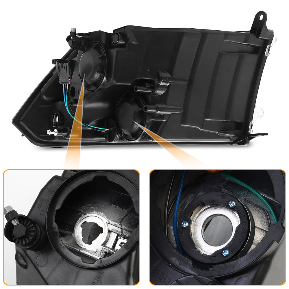 Headlight Plastic Housing + Lens For Dodge Ram 2009-2018 Headlight White, Black + Yellow, Clear Left Right Pair Halogen # CH2519135 CH2518135