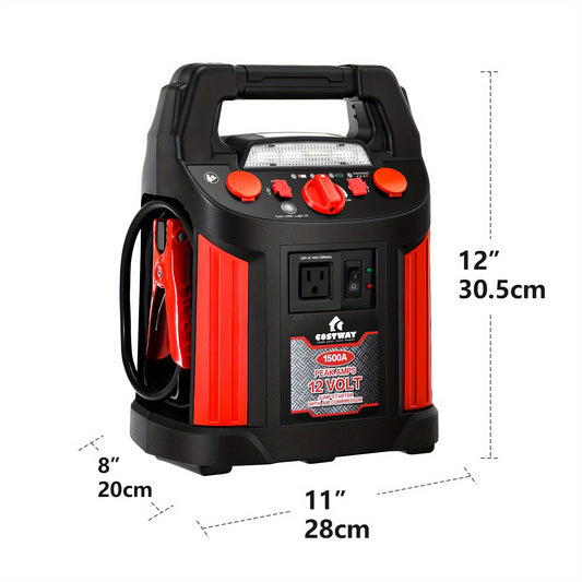 Multigot 1500 Peak/700 Cranking Amps Safe Lead-acid Battery Jump Starter Up To 1.19gal Gas, 118.35oz Diesel Engine, 12-Volt Car Battery Pack With 180 PSI Air Compressor And Built-in Inverter, Portable Power Bank With 2 USB Po