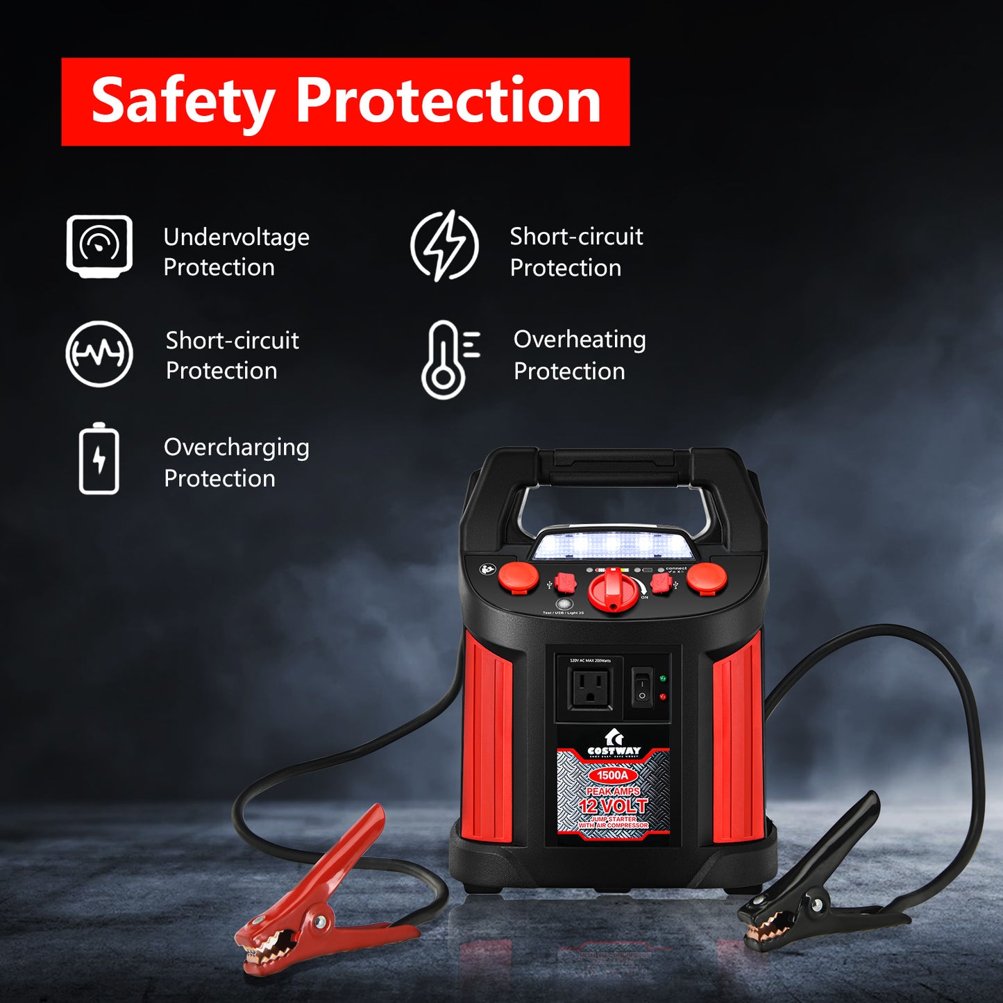 Multigot 1500 Peak/700 Cranking Amps Safe Lead-acid Battery Jump Starter Up To 1.19gal Gas, 118.35oz Diesel Engine, 12-Volt Car Battery Pack With 180 PSI Air Compressor And Built-in Inverter, Portable Power Bank With 2 USB Po