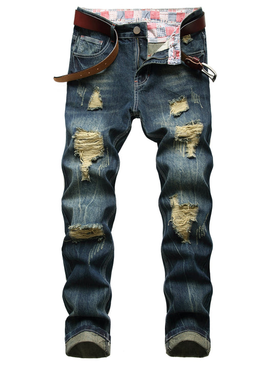 Men's dark blue ripped jeans without elastic slim casual
