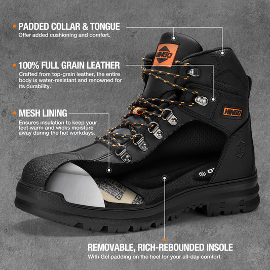NINGO Men's Steel Toe Work Boots, Full Grain, Oil And Slip Resistant, Puncture Proof Construction Boots With Breathable Lining, Anti-static, Mens Safety Boots For Industrial, Warehouse