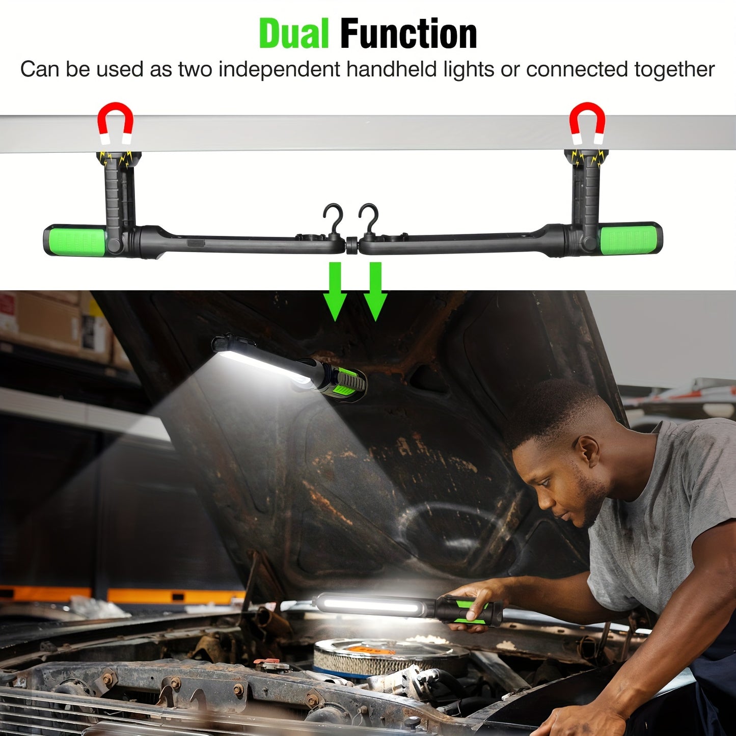 [Rechargeable COB LED Work Light] 2pcs Rechargeable COB LED Work Lights - Portable Underhood Work Light Bar with Hooks - 4400mAh Lithium Battery