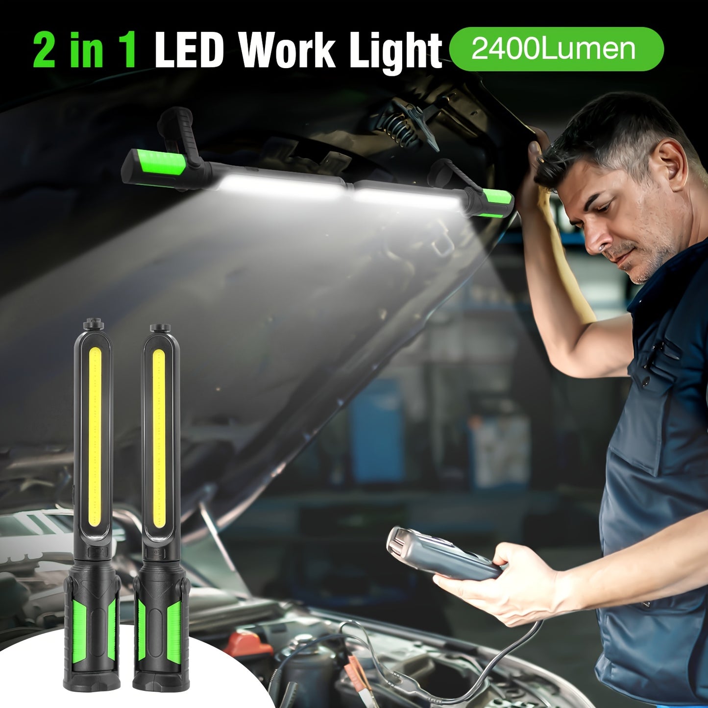 [Rechargeable COB LED Work Light] 2pcs Rechargeable COB LED Work Lights - Portable Underhood Work Light Bar with Hooks - 4400mAh Lithium Battery