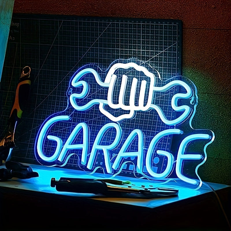 Neon Sign "GARAGE" with Wrench, 3D Wall Decor, USB Powered, Button Control, No Battery, Home Lighting & Novelty Decor, Multi-Purpose Room Decoration