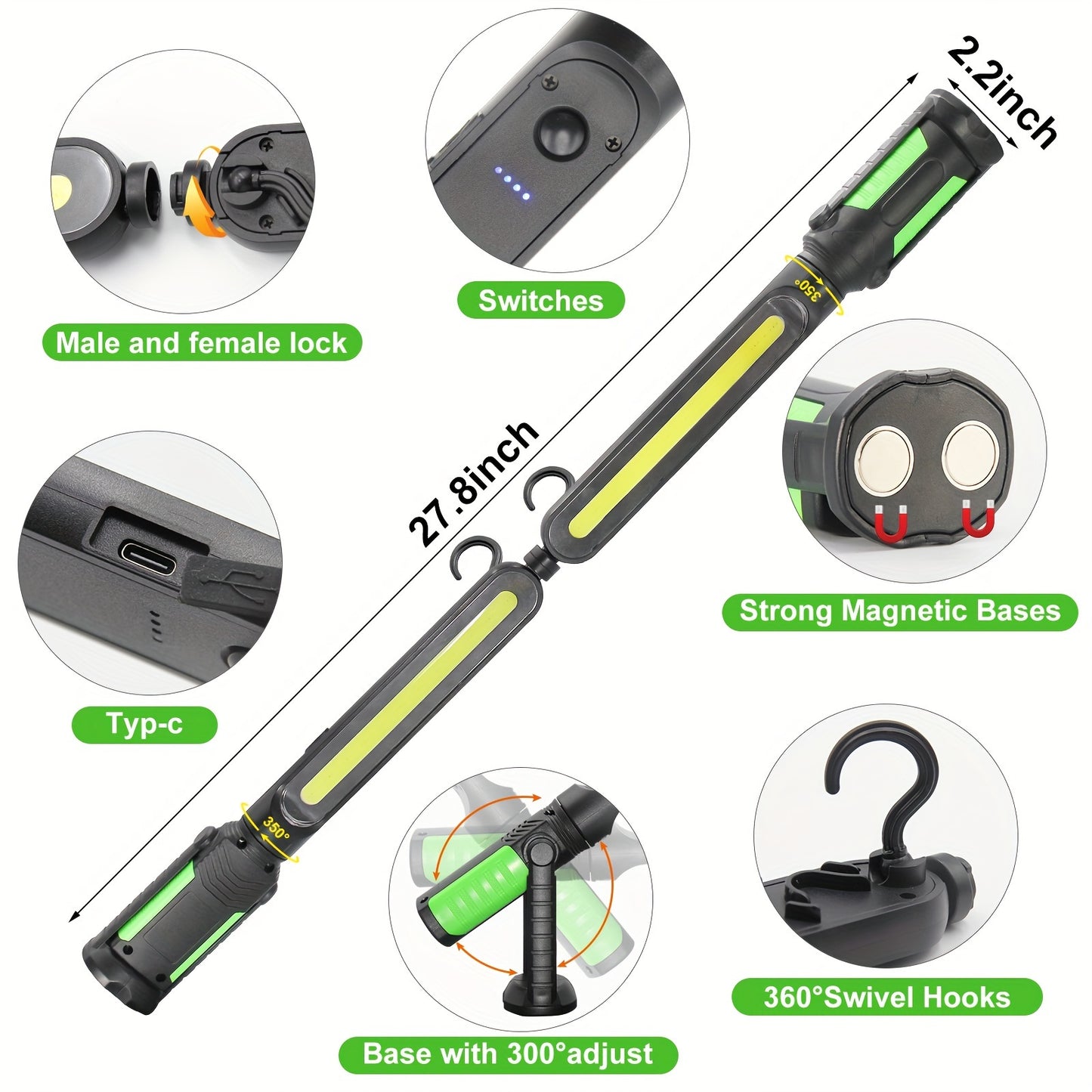 [Rechargeable COB LED Work Light] 2pcs Rechargeable COB LED Work Lights - Portable Underhood Work Light Bar with Hooks - 4400mAh Lithium Battery