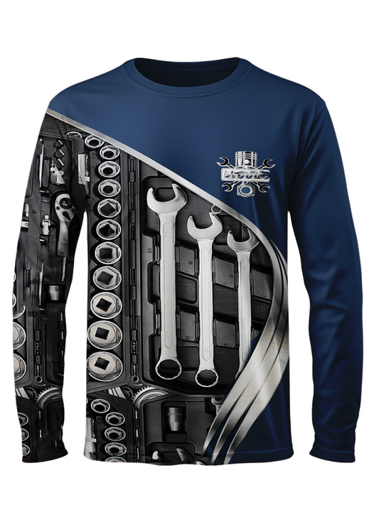 Long Sleeve Men's Fashion Tool Wrench Print Crew Neck T-Shirt for Casual Wear, Spring/Fall, Gift For Men