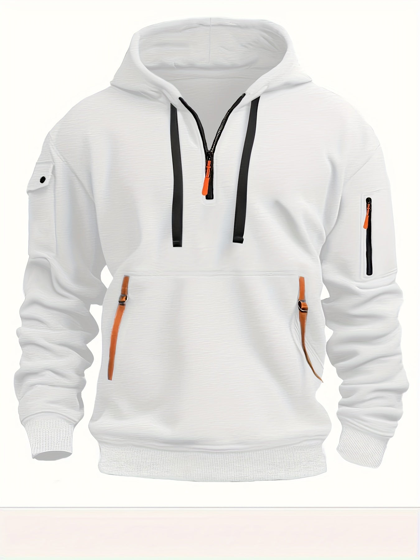 Men's Hooded Active Sweatshirt with Arm Pocket Zip Details - 100% Polyester Sports Style Pullover - Solid Color, Regular Fit Long Sleeve with Slight Stretch Knit Fabric