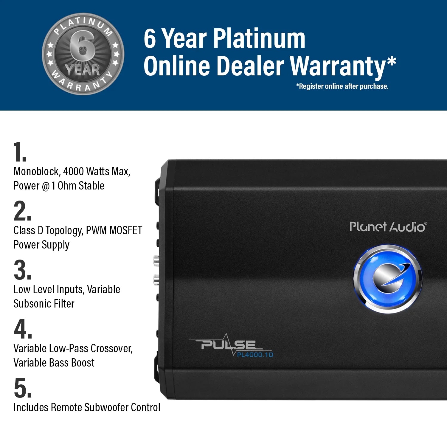 PL4000.1D 4000 W Max 1 Ohm Monoblock Class D Car Stereo Amplifier