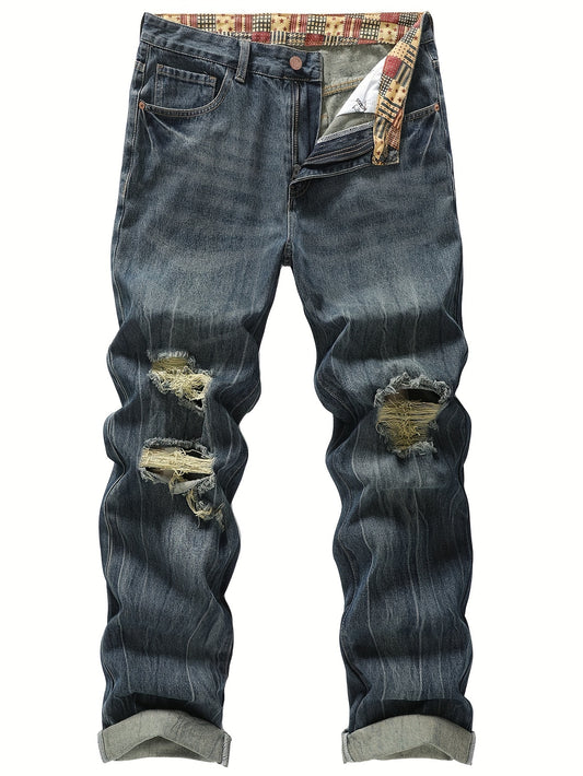 Men's Non-Stretch Ripped Regular Fit Straight-Leg Denim Pants Jeans