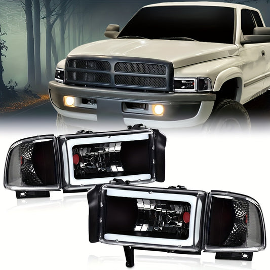 LED Light Strip Headlight W/o Bulbs Fit For Dodge For Ram 1500 1994-2001 For Dodge For Ram 2500 For 3500 1994-2002 Clear Lens Black Housing Clear Reflector