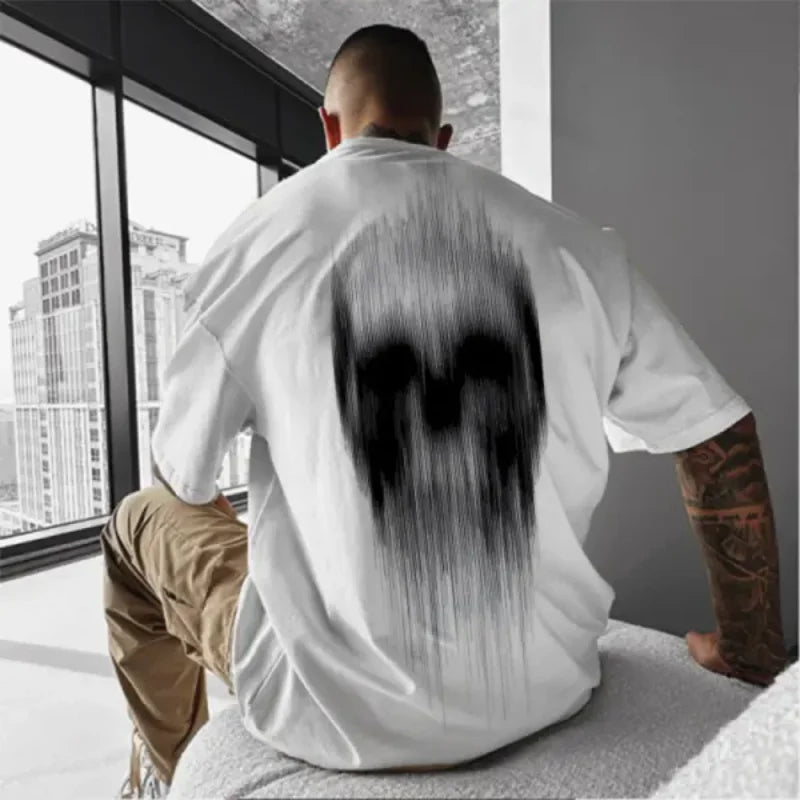 New Y2K Style Skull Metal Print Harajuku Retro Street Style Men's T-shirt Printed Casual Round Neck Short Sleeved T-shirt