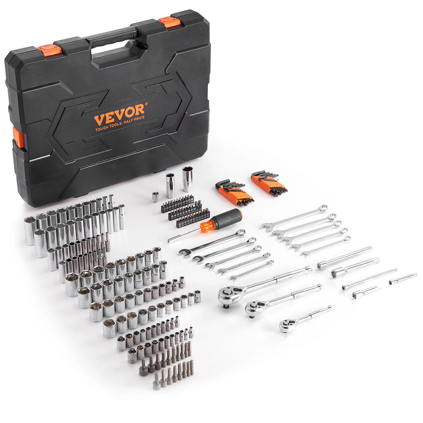 VEVOR Mechanics Tool Set and Socket Set Deep and Standard Sockets 145/205 Pcs SAE and Metric Mechanic Tool Kit with Bits