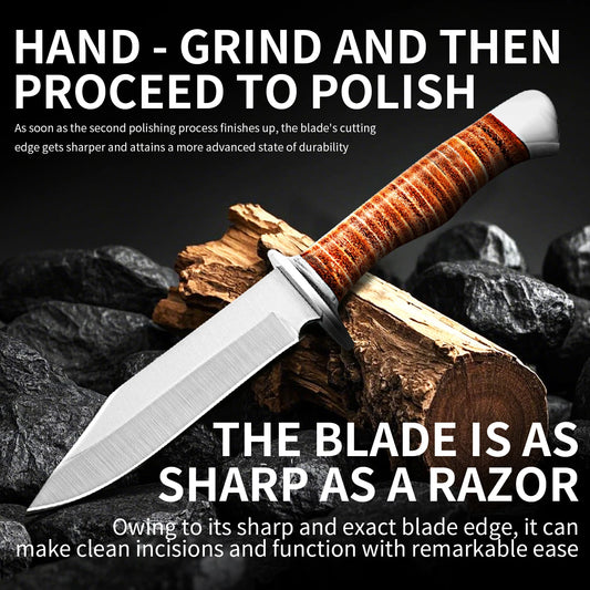 Outdoor multi-purpose knife with anti-slip handle, stainless steel hand-forged blade, essential for wilderness survival.