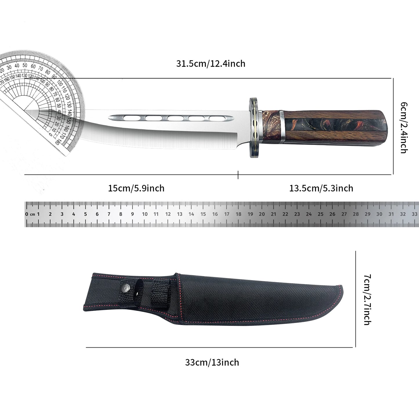 Outdoor tactical straight knife with wooden handle, featuring a nylon sheath—ideal for wilderness expeditions.