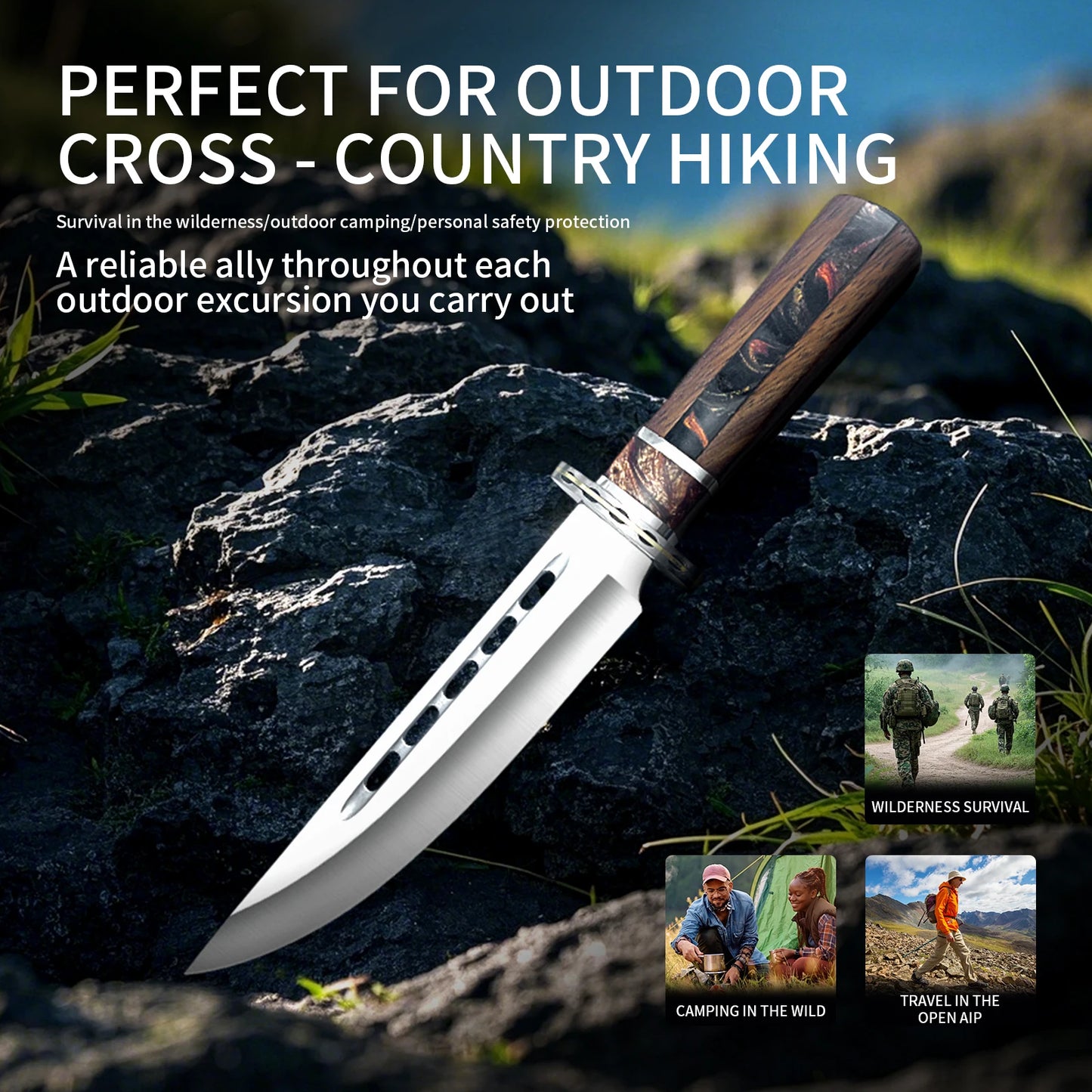 Outdoor tactical straight knife with wooden handle, featuring a nylon sheath—ideal for wilderness expeditions.
