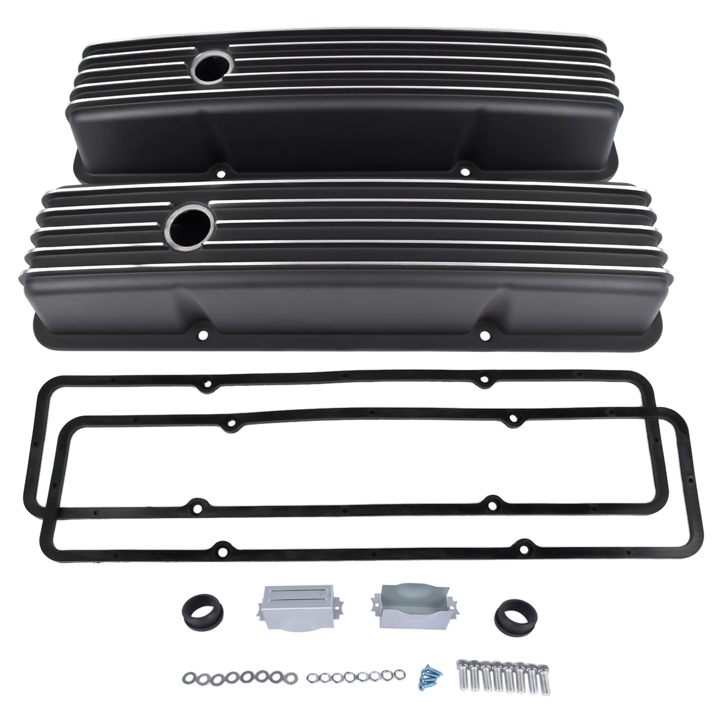 AP02 Aluminum Polished Finned Tall Valve Covers for Chevy SBC Small Block 283 Black
