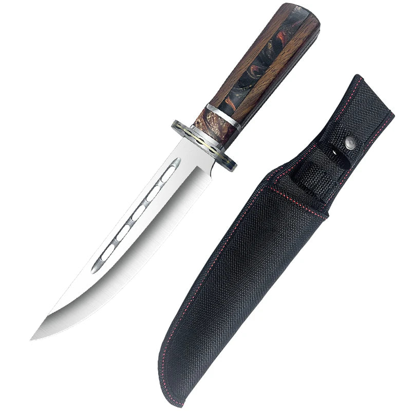 Outdoor tactical straight knife with wooden handle, featuring a nylon sheath—ideal for wilderness expeditions.
