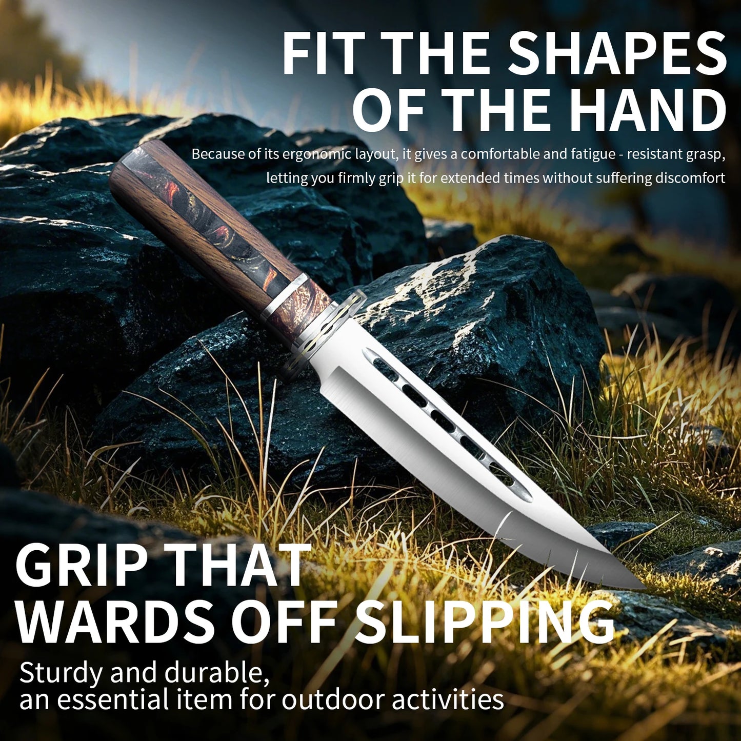 Outdoor tactical straight knife with wooden handle, featuring a nylon sheath—ideal for wilderness expeditions.