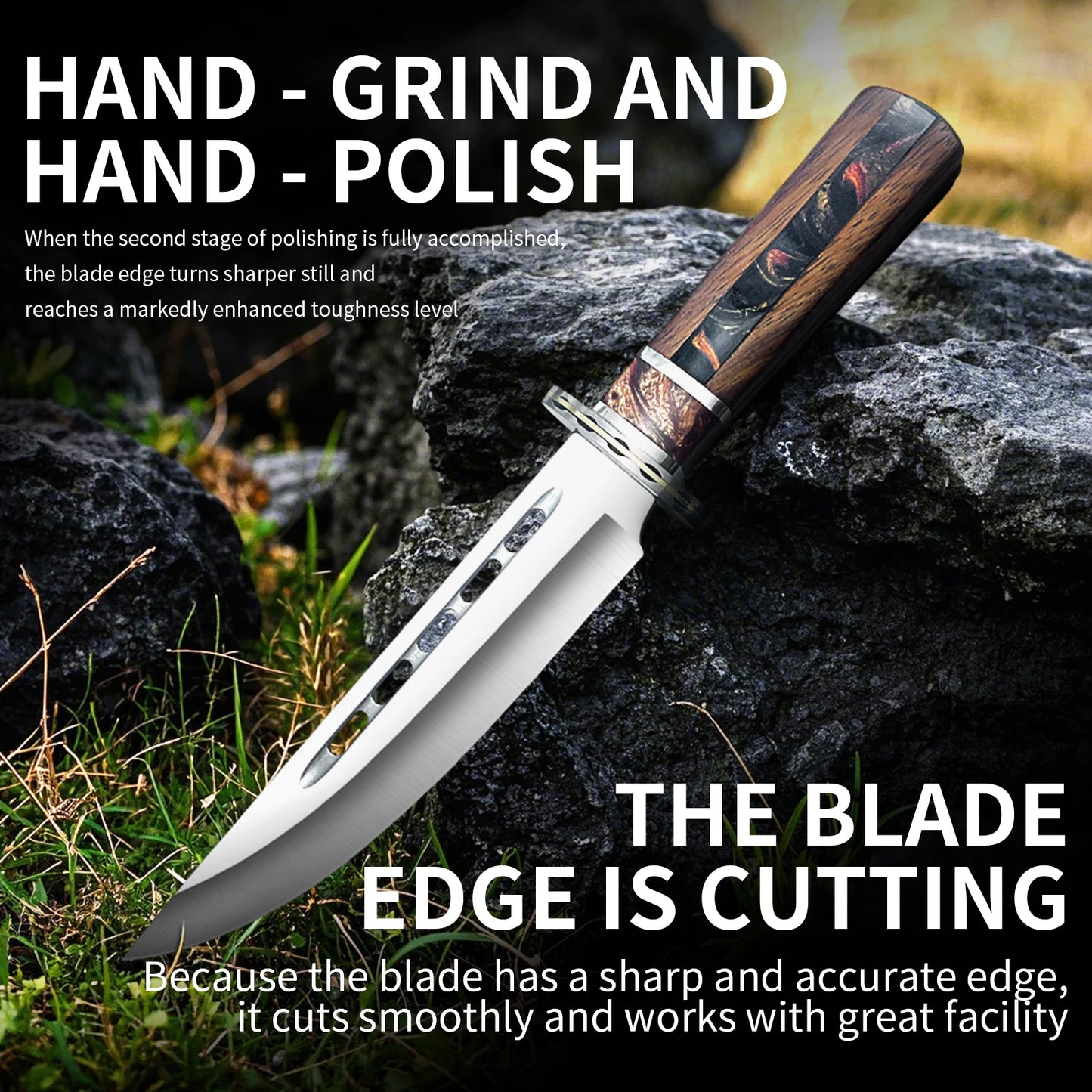 Outdoor tactical straight knife with wooden handle, featuring a nylon sheath—ideal for wilderness expeditions.