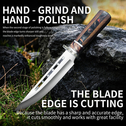 Outdoor tactical straight knife with wooden handle, featuring a nylon sheath—ideal for wilderness expeditions.
